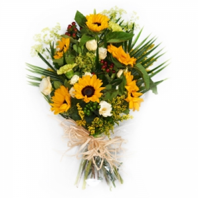 Flowers in Cellophane - A fresh bouquet in yellows. Flower bouquet perfect for sympathy or funeral