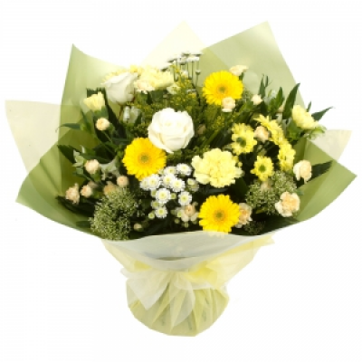 Sunshine Bouquet -  A pleasing colour selection suitable for any occasion. The florist will select yellows, whites and greens to deliver a lovely hand tie bouquet.
