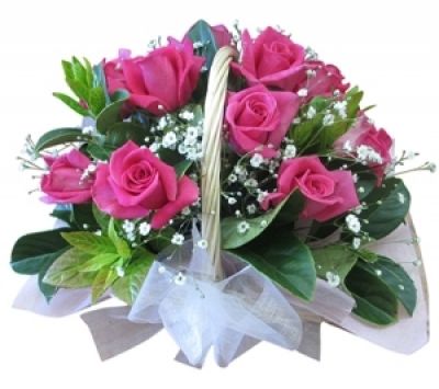 roses in bloom - 10 roses are nicely arranged in a small basket with baby breath or other filler. colors may vary as requested. (red color roses incurs a $40 extra charge)